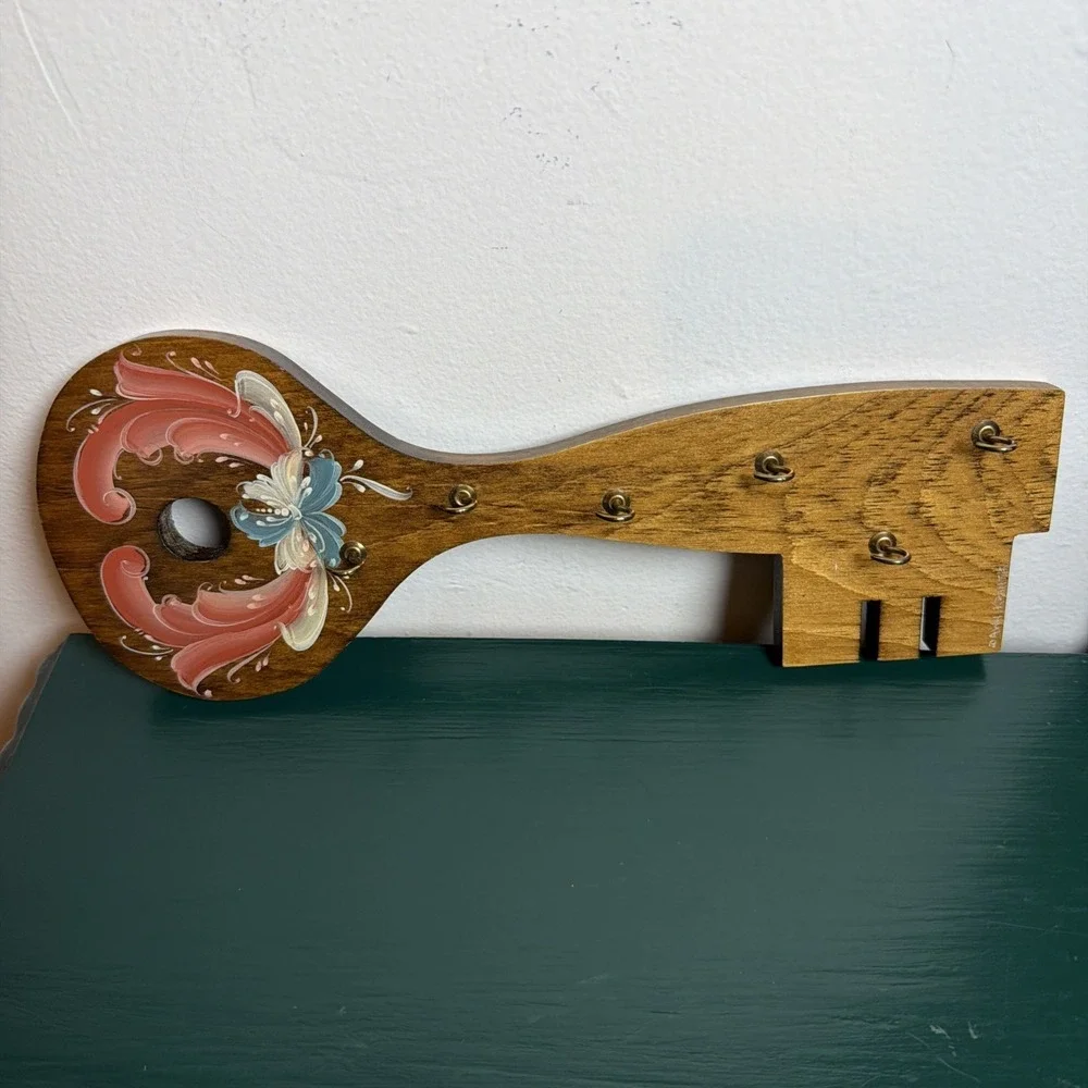 Handmade Vintage Norwegian Wooden Hand Painted Floral Key Hook Signed USA